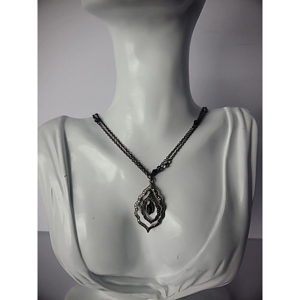 Vintage SAQ Gold Tone Multi Strand Beaded Necklace Triple Tier Pendant Jewelry - Picture 2 of 10